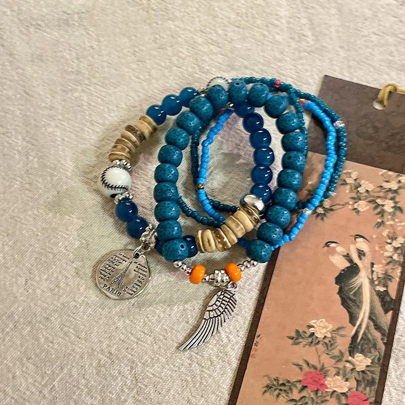 5Pcs Bohemian Multi-Layer Rice Bead Bracelet Wings Pendant Elastic Rope Bracelet Ethnic Style Jewelry
