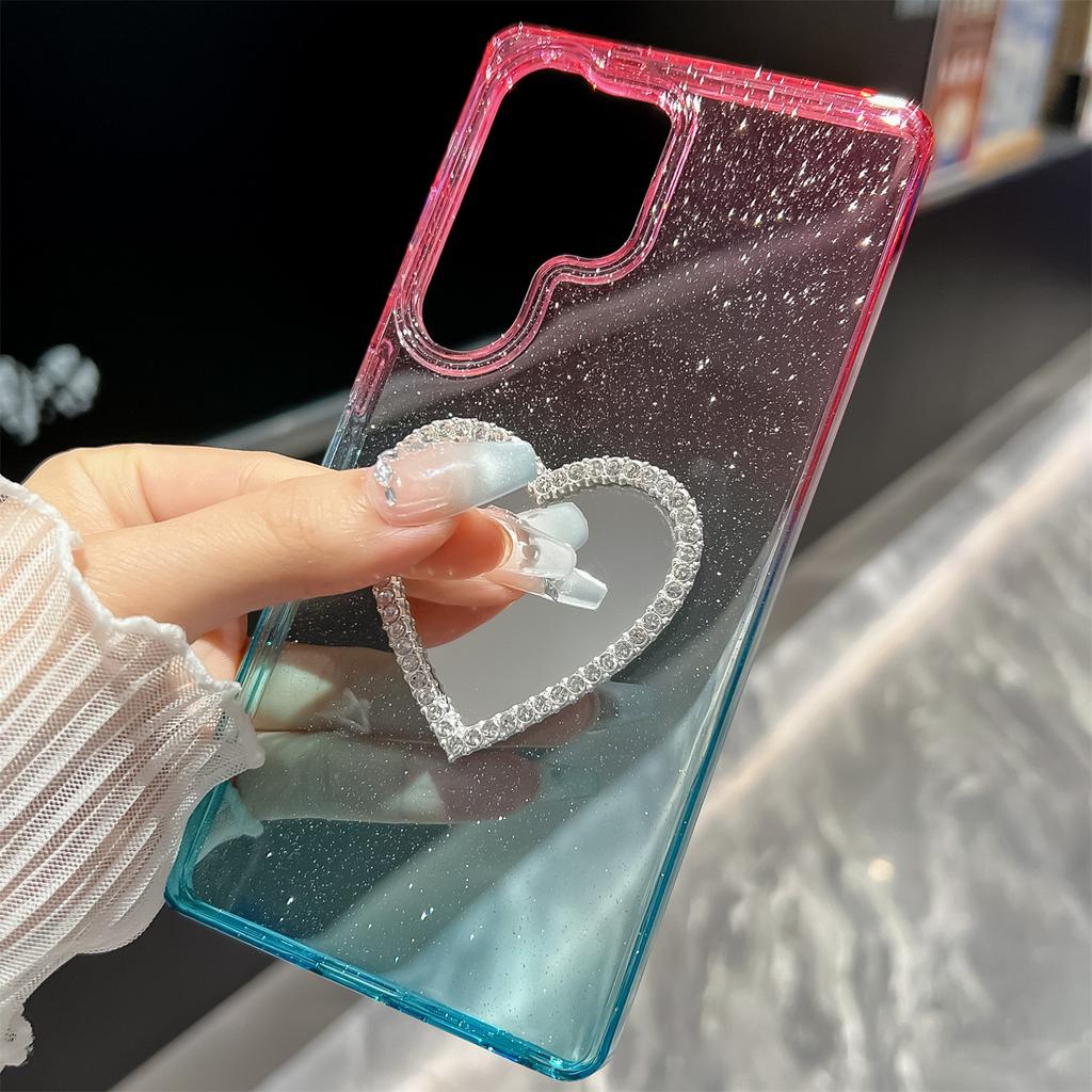 For Samsung Galaxy S25 Ultra Case Glitter Dual Color PC+TPU Clear Phone Cover with Heart-Shape Mirror