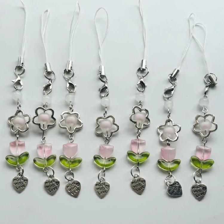 Lovely Phone Charm Colorful Beaded Keychain Acrylic Alloy Keyring Bag Accessory