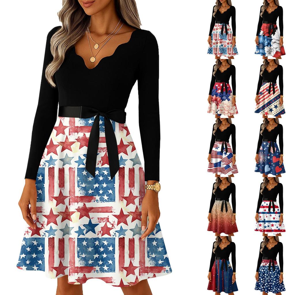 Ladies' casual and fashionable V-neck long sleeved retro independent day print retro dress