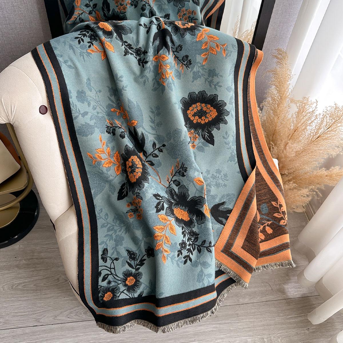 

Elegant Flowers Jacquard Pashmina Imitation Cashmere Scarf Winter Thick Warmth Two-Sided Shawl Coldproof Windproof Blanket Scarf