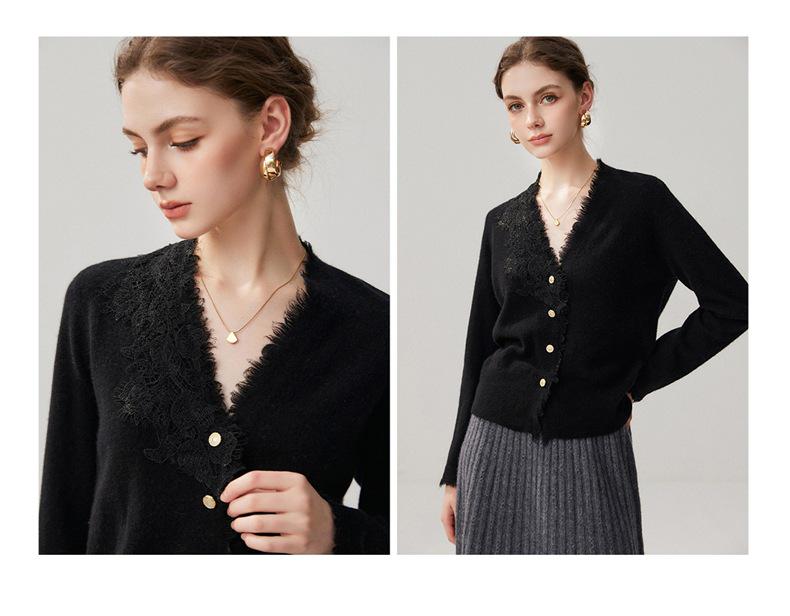 Women's Cashmere V-Neck Patchwork Lace Trim Cardigan