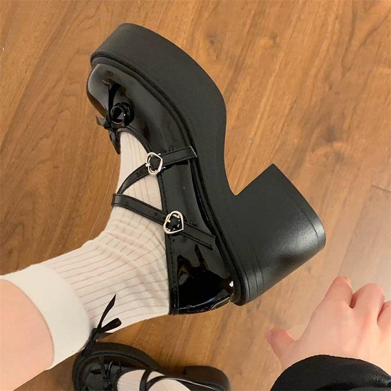 

Black round head versatile platform small leather shoes women s new summer bow light mouth Mary Jane single shoes 40 чёрный