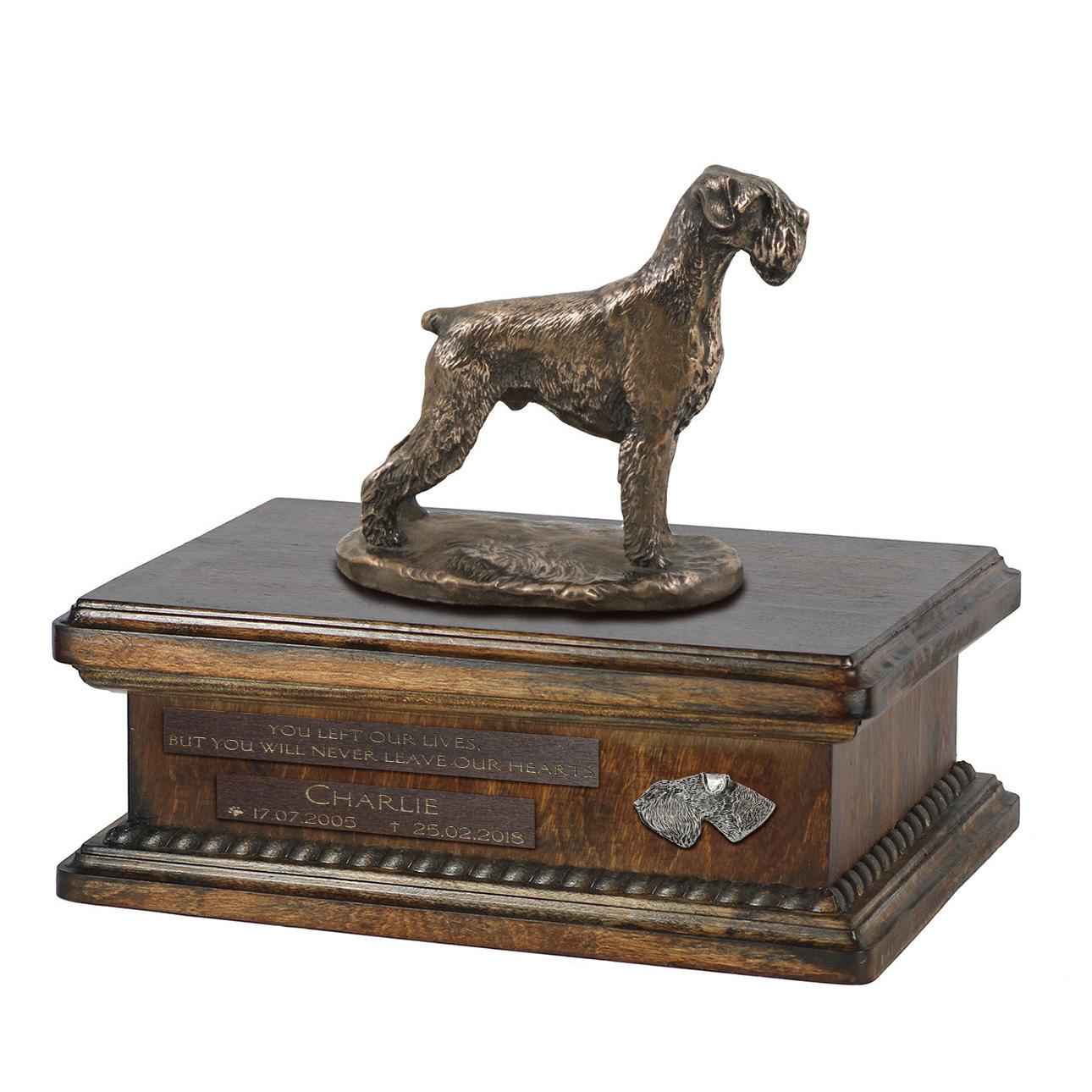 

Schnauzer IV - urn for dog ashes, personalized urn with a statue, wooden urn with a dog by Art-Dog brand коричневий