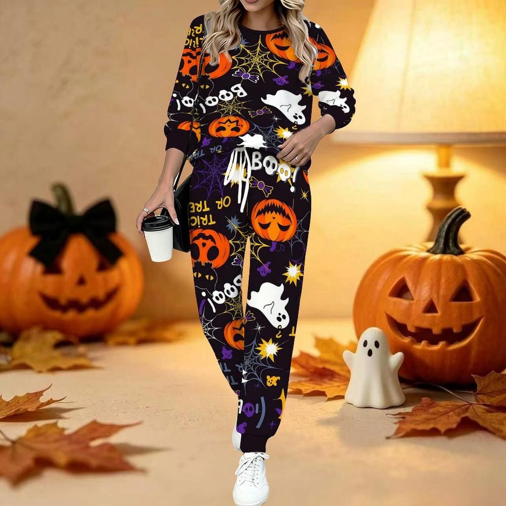 Women Halloween Print Two Piece Outfit, Long Sleeve Crew Neck Top & Drawstring Jogger Pants Casual Tracksuit for Spring Autumn