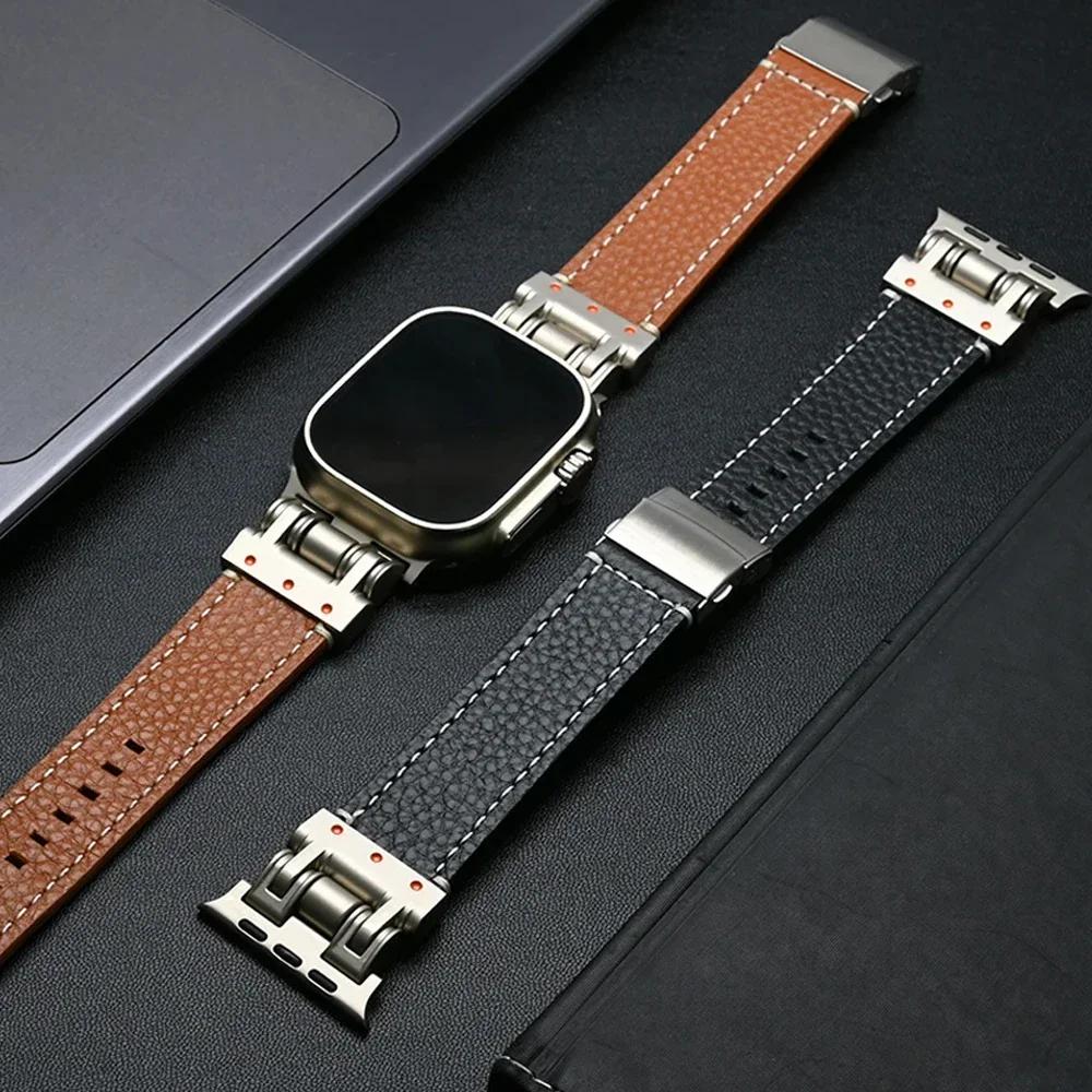 Leather Band for Apple Watch Ultra 3/2 49mm 46mm 45 44mm Luxury Bracelet Titanium Color Strap for iWatch Series 11 10 9 SE Loop