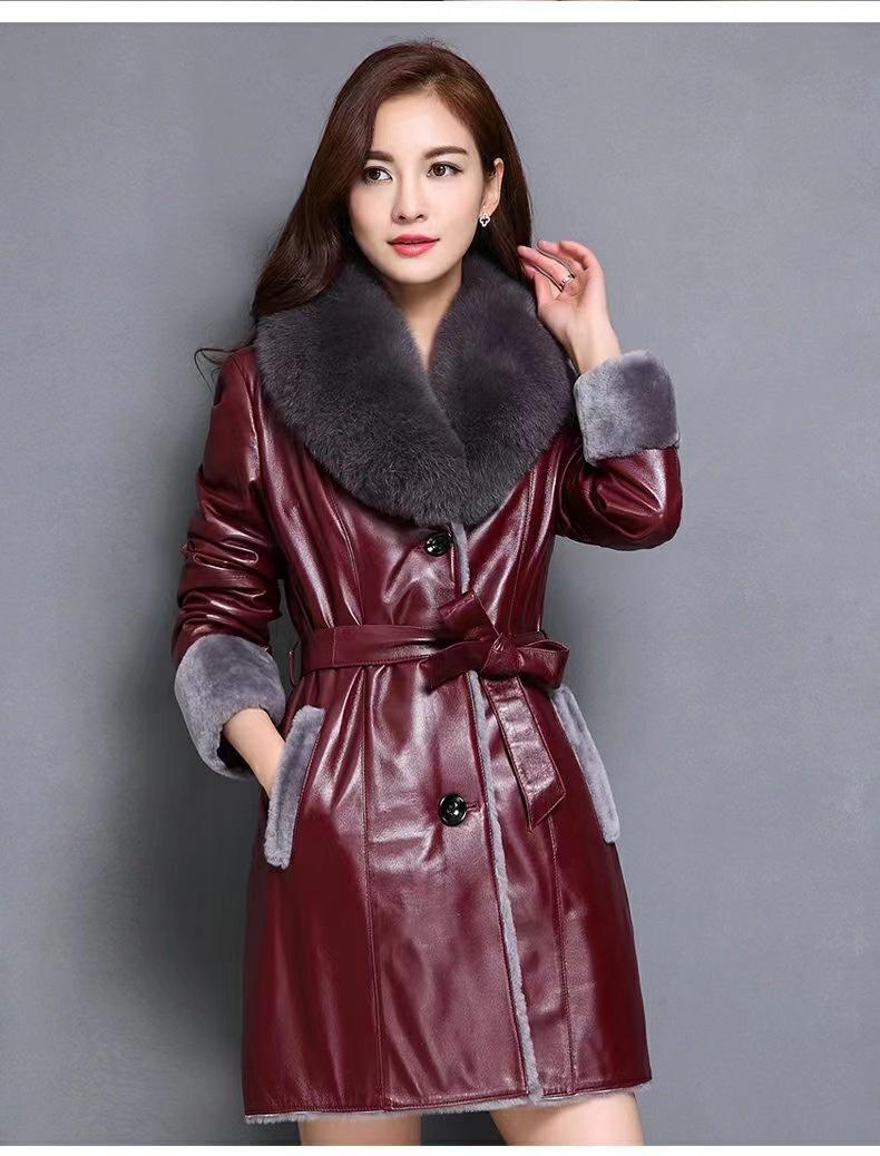 

Жіноча висококласна довга шкіряна куртка - Зимова тепла, на велюровій підкладці зі штучного хутра, приталеного крою, зі штучної шкіри. L [40-48 kg] вина червоного кольору