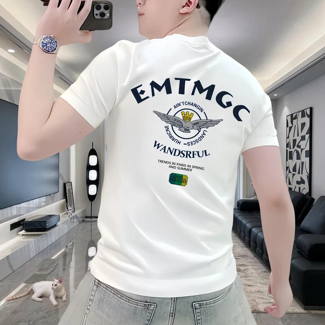 Stylish European Heavyweight Ice-Feel Men s Short Sleeve T-Shirt with Letter Print Round Neck 3XL белый