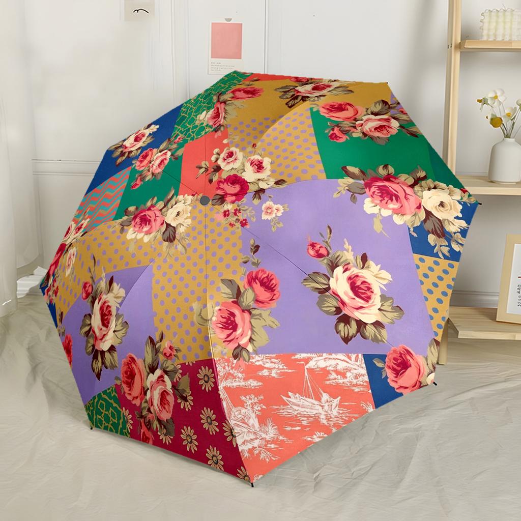 Spring Basket Of Flowers Compact Travel Automatic Umbrella Folding Umbrella with 8 Ribs Compact Design All-Season Umbrella for Travel