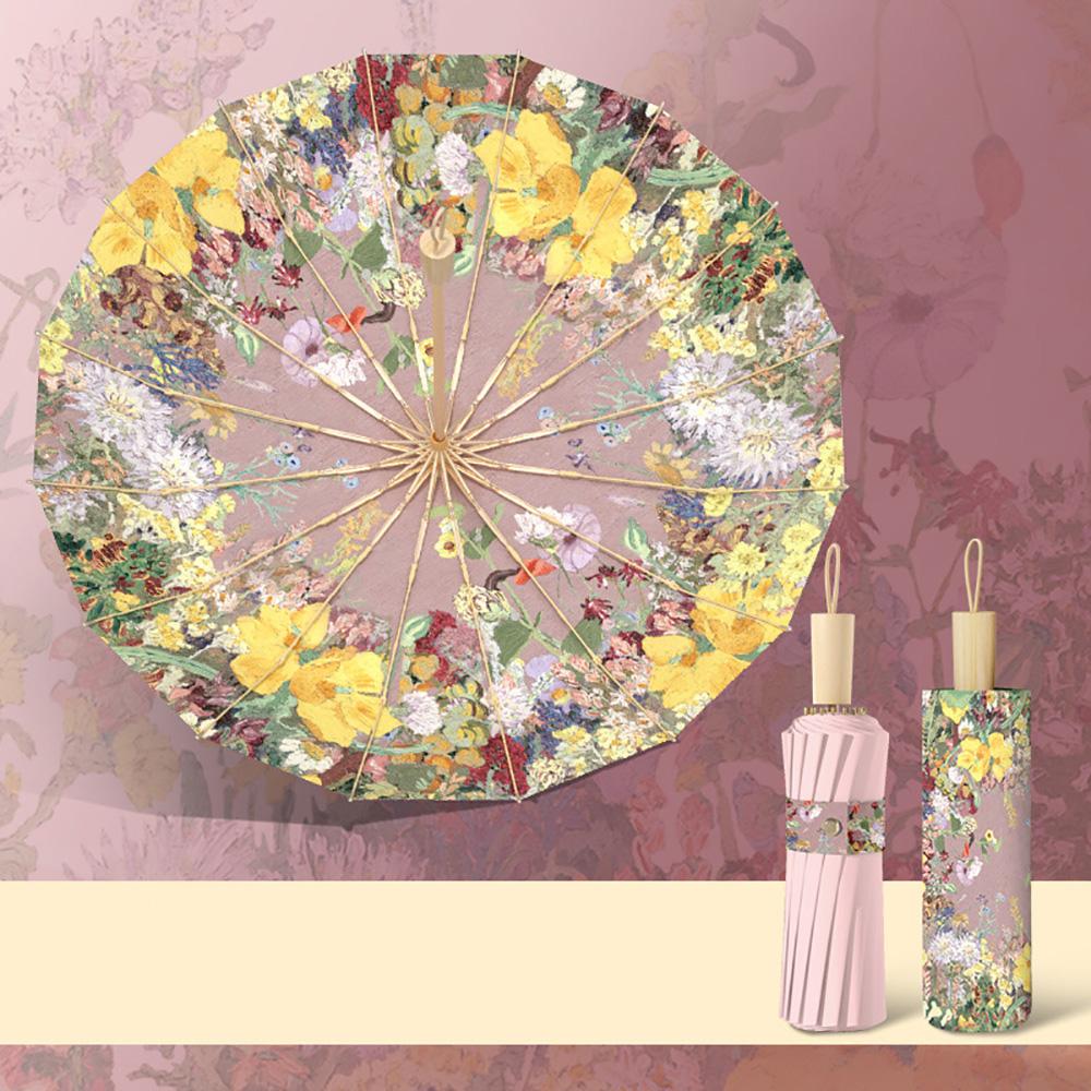 16 Bone Oil Painting Sun Umbrella New Chinese Style Three Fold Umbrella Windroof Strong All Weather for Adult Double Sun Shade