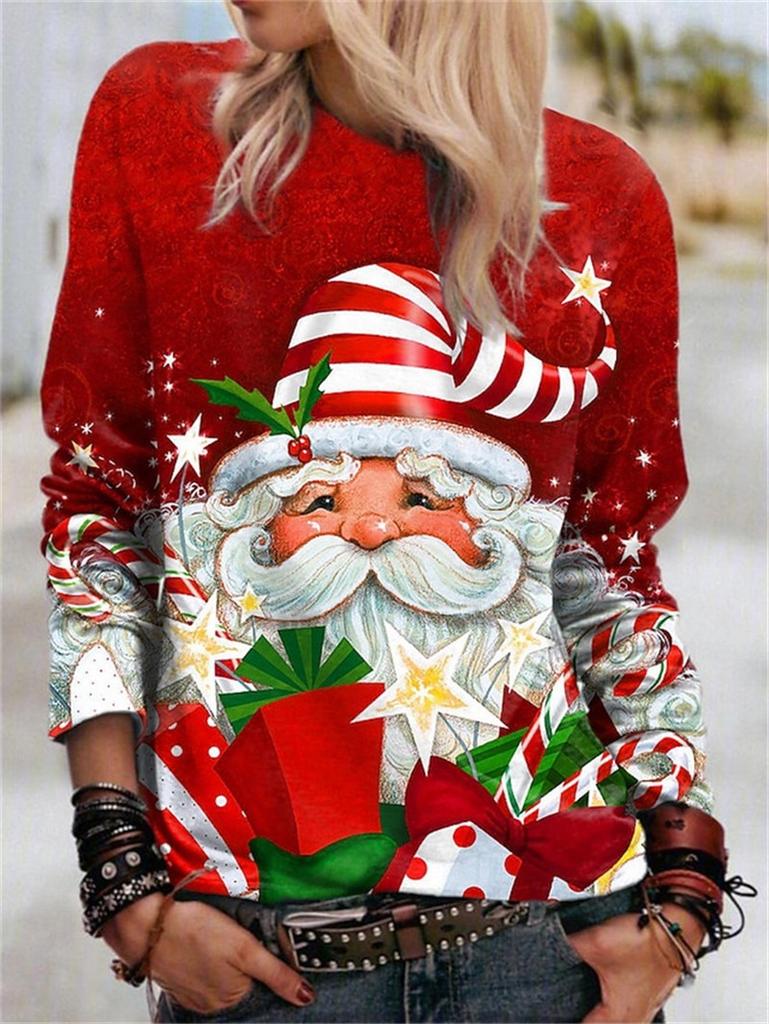 Cartoon Christmas Deer T-shirt moda donna manica lunga Autunno Inverno Street Hip Hop Pullover Top girocollo T-shirt natalizie