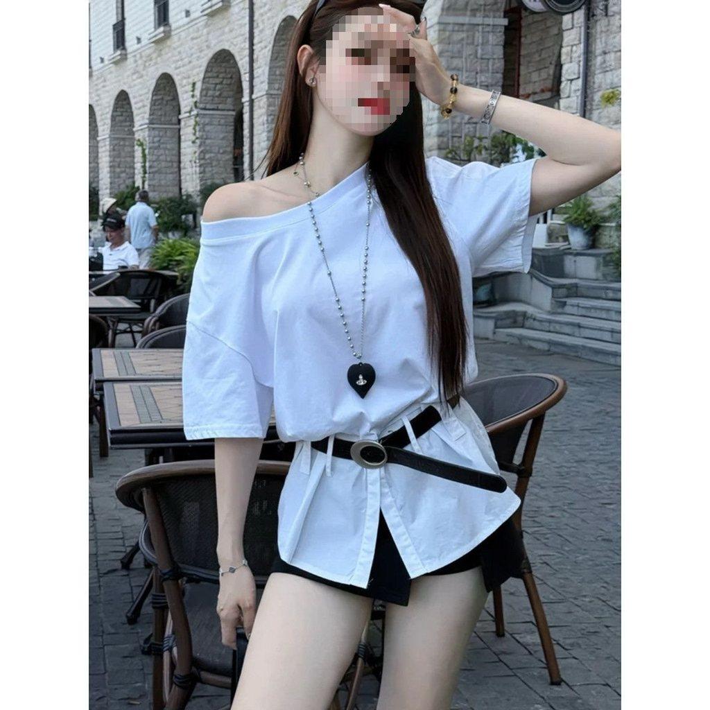 Zomerse Mode Offshoulder Gedeelde Gerimpelde Taille T-shirt Voor Dames