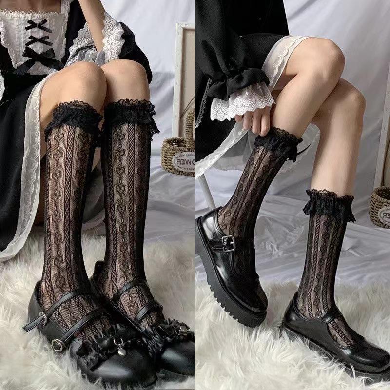 Womens Thin Mesh Breathable Midcalf Lace Socks With Mary Jane Lace Trim Hollowout Lace And Bowknots