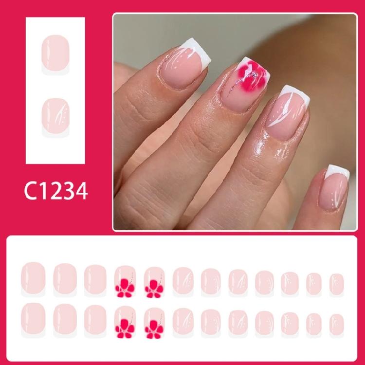 24Pcs Glossy French False Nail Short Square Press On Nail White Glitters Design ABS Matte Daily Use