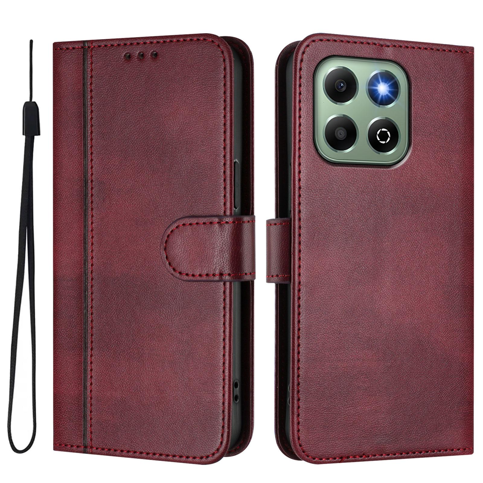 

For Honor X6b 4G Cases Wallet Stand Retro Texture Leather Phone Cover with Lanyard Wine Red