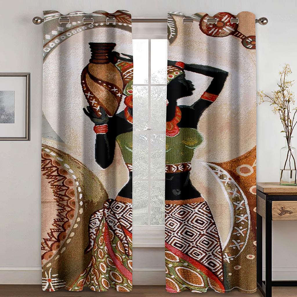 3D Simple African Women Abstract Art 2 Pieces Thin Shading Polyester Darkening Curtain for Living Room Bedroom Decor Hooks
