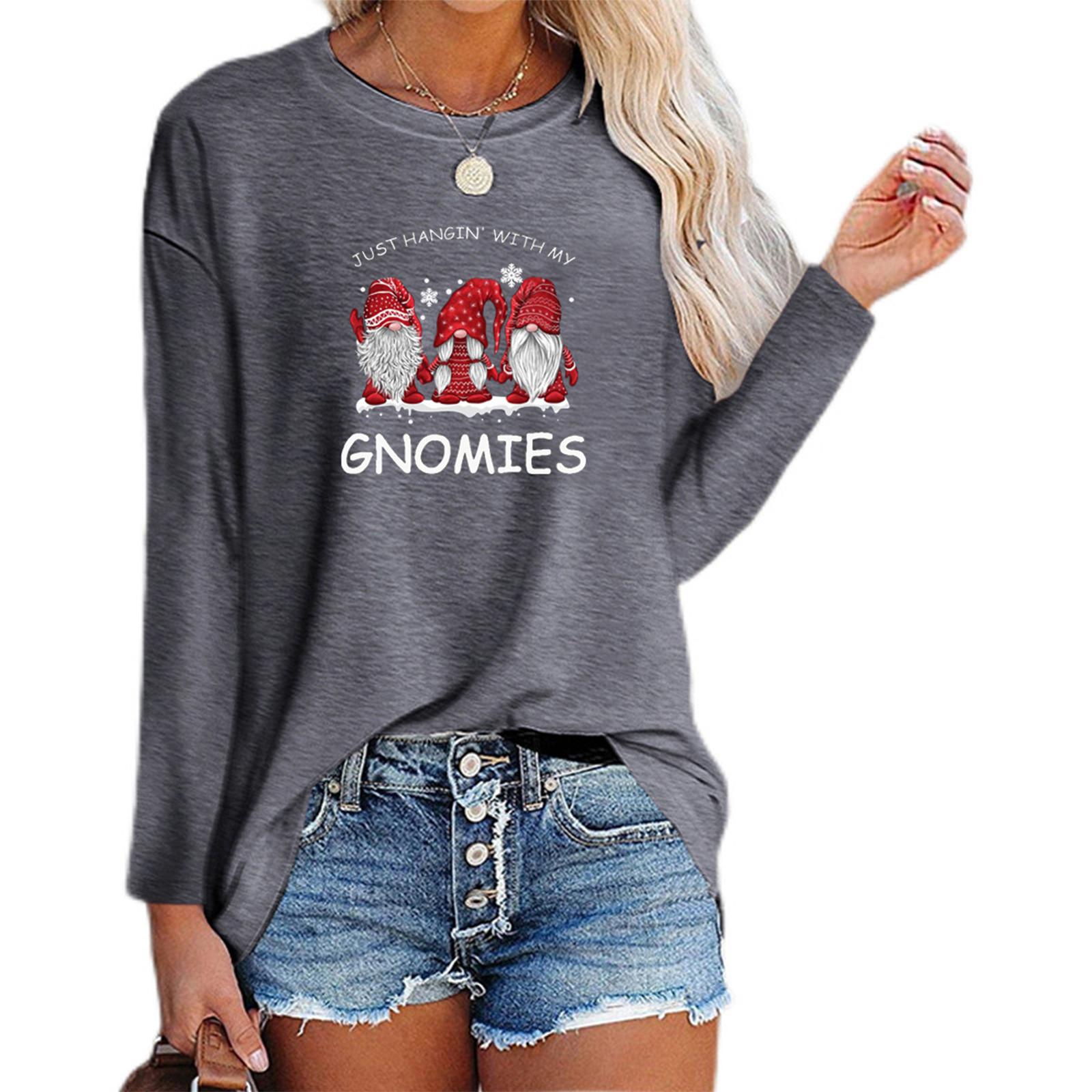 

Женская мода, повседневный рождественский принт (ПРОСТО ОБЩАЮСЬ С МОИМИ ГНОМАМИ) Топ-футболка с длинными рукавами Stitching S