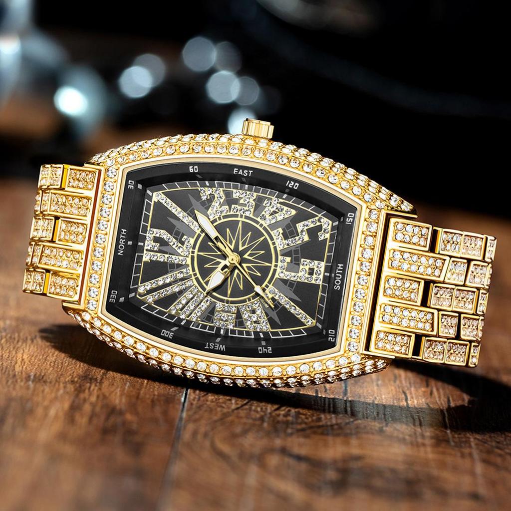Luxury Mens Watches Fashion Hip Hop Iced Diamond Waterproof Tonneau AAA Quartz Wristwatch Male
