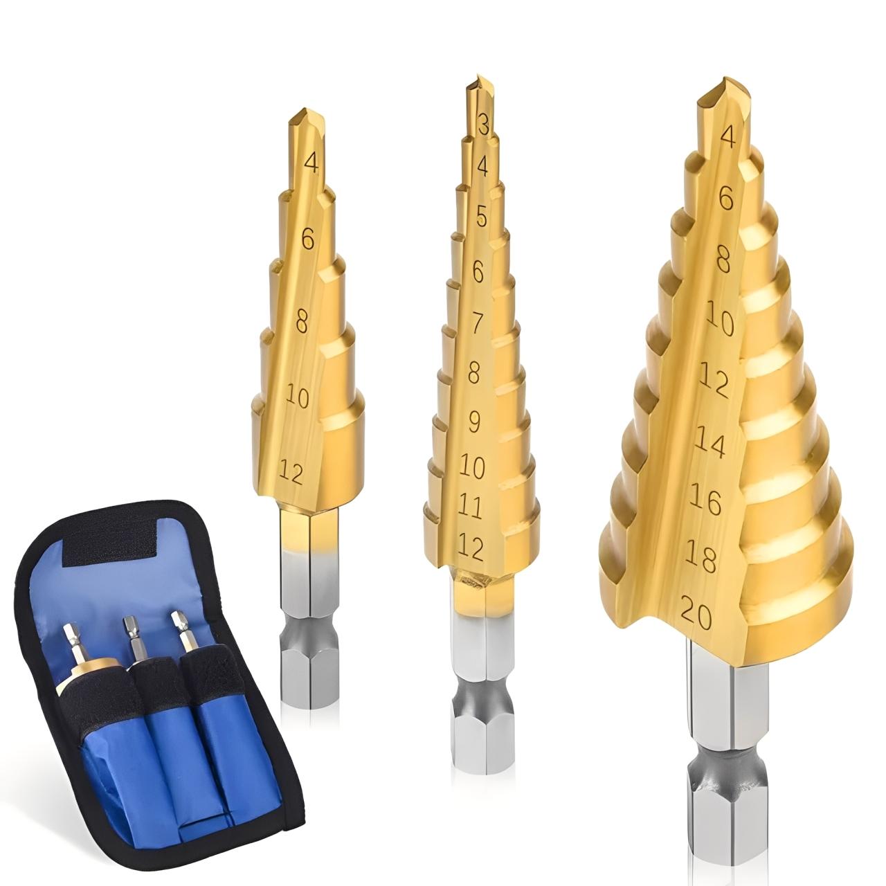 

3pcs Step Drill Bit Set, HSS Titanium Step Drill Bits for Wood Metal Hole Cutter with Portable Bag, 3-12mm 4-12mm 4-20mm 3pcs