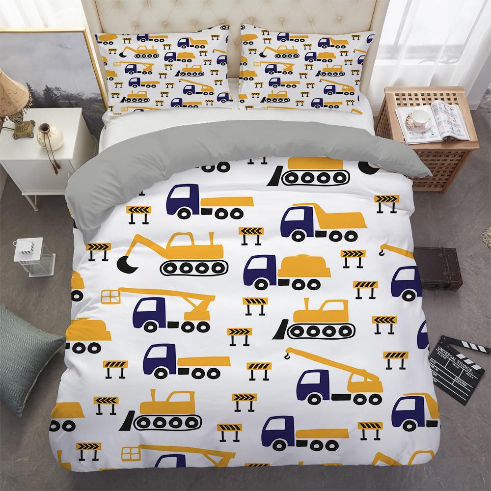 Excavator Tractor Duvet Cover Set Cartoon Machinery Bulldozer Pattern Bedding Set for Kids Boys Polyester Bedding Set King Size