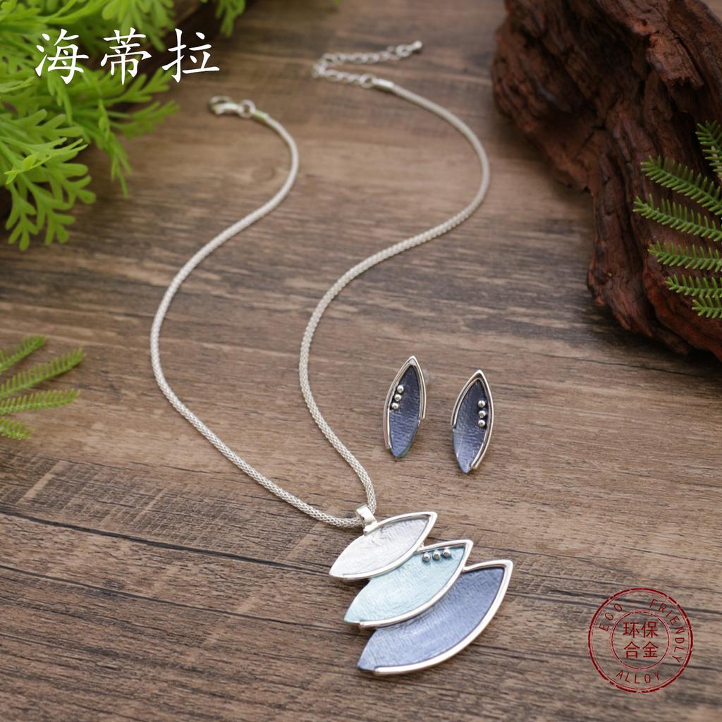 New color painting oil geometric petal stud earrings pendant set, women's premium petal necklace set