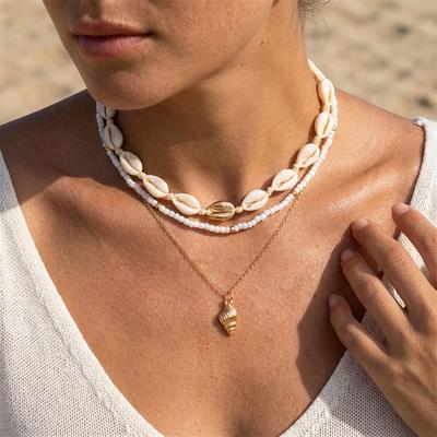 Layered Cowrie Shell Necklace for Women Boho White Beaded Choker Golden-Tone Conch Pendant Summer Beach Vacation Jewelry