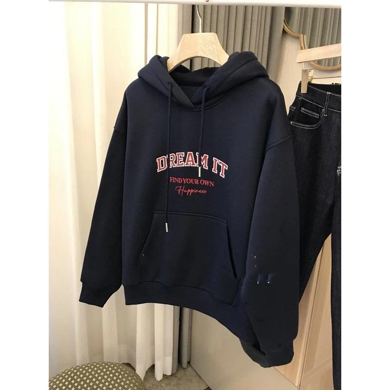 Simple Letter Printed Women's Fleece Hoodie With Loose Hooded Design For Daily Wear And Warm Hoodie