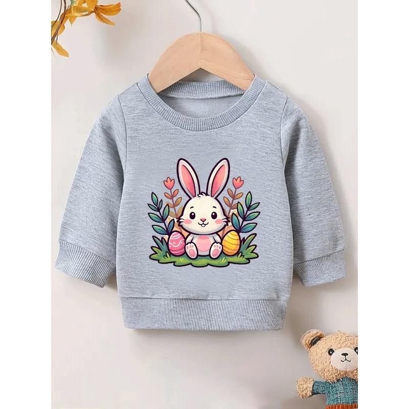 European sizes Cute Rabbit Print Kids' Spring Lightweight Round Neck Sweatshirt, Comfortable Outdoor Wear Choice for Ages 0-3
