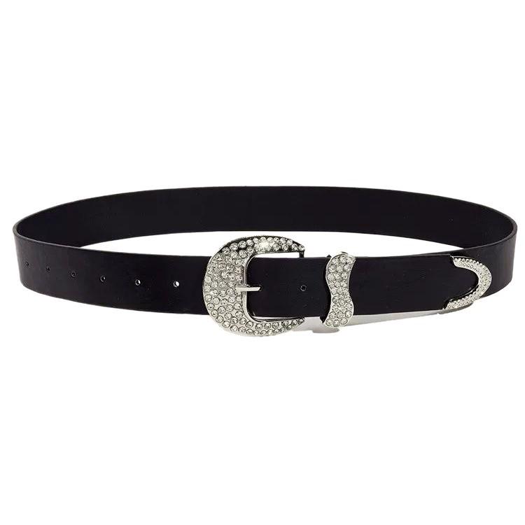 Women's Rhinestone Leather Belt - Y2K Style Black Belt for Jeans 