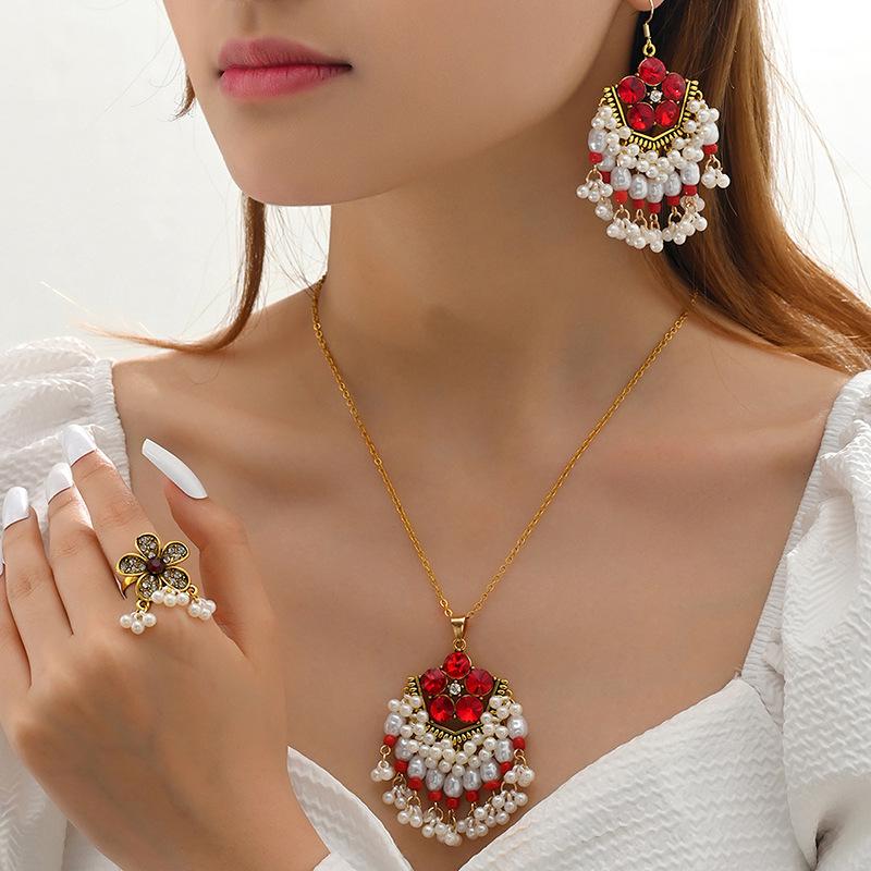 Southeast Asia Indian Ethnic Gemstone Beaded Earrings and Necklace Set