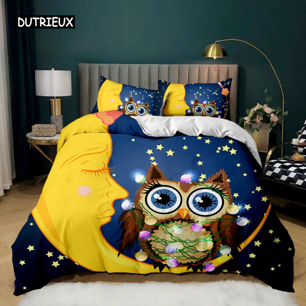 Owl Duvet Cover Adorable Cartoon Soft Microfiber Bedding Set Twin Double Queen King Size Animal Theme