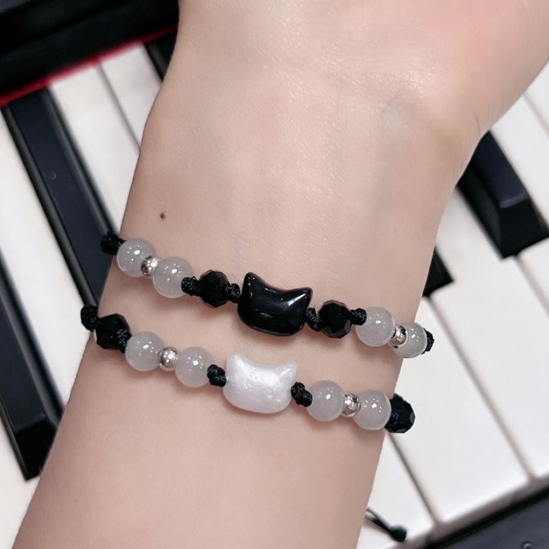 2Pcs Natural Moonstone Bracelets for Couple Minimalist Bracelet Handmade Cute Black White Cat Bracelet Party Jewelry Gifts