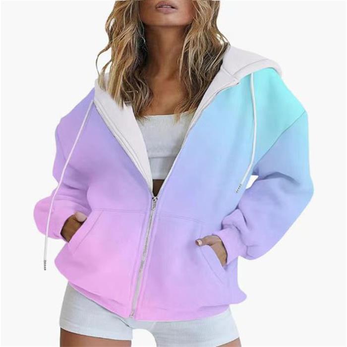 Women's Sweatshirt Autumn Gradient 3D Printed Casual Long Sleeve Zipper Hooded Sweatshirt Clothes Sale