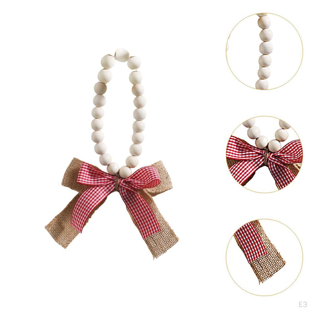 Wood Bead Pendant Home Decor Farmhouse Decorative with Linen Bow Hanging Ornament for Room