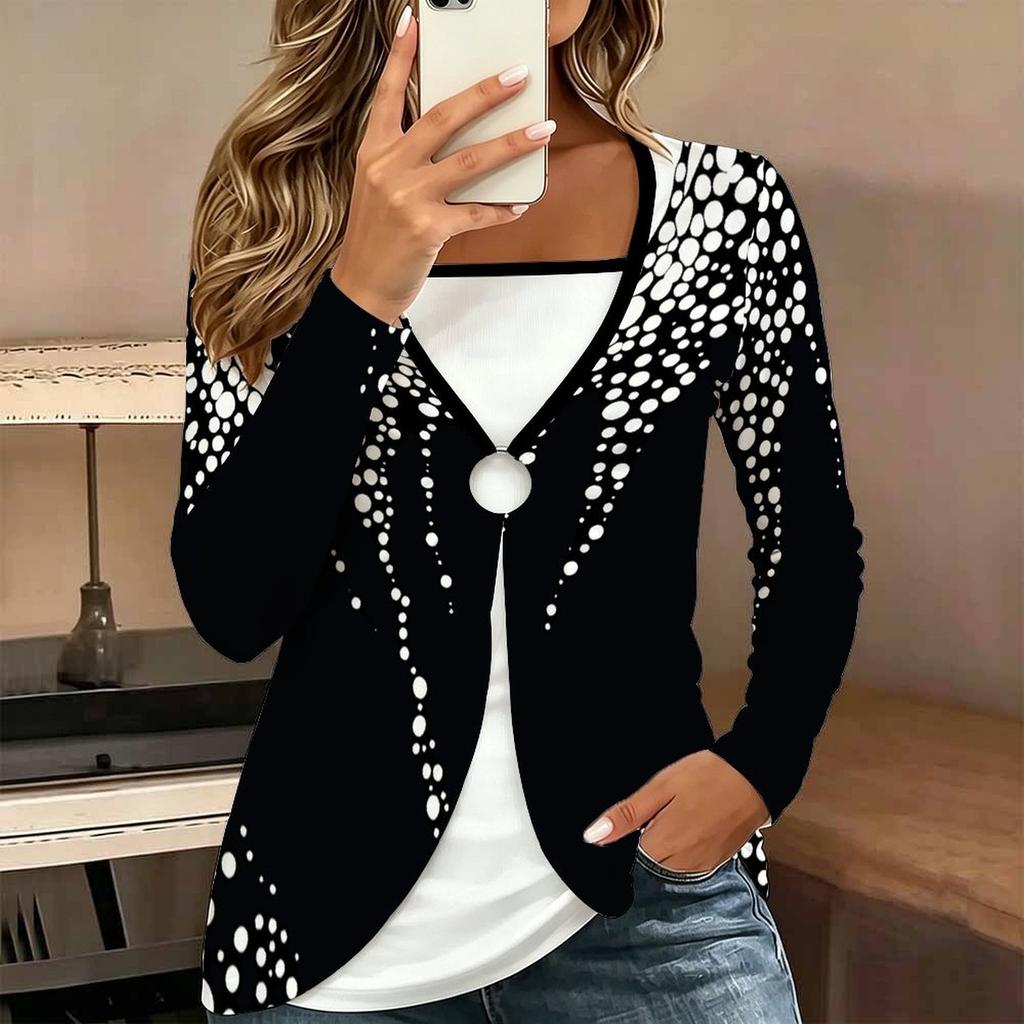 Tops for Women Simple Print Long Sleeve Fake Two‑Piece Top Fall Casual Slim Pullover Women's Long Sleeve Top