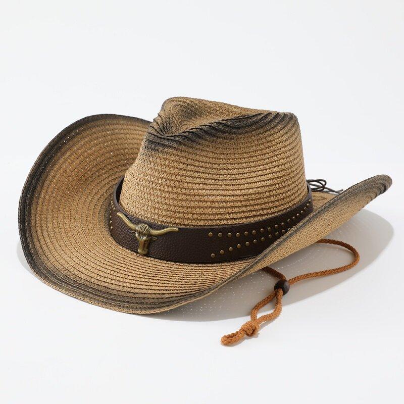 European and American Fashion Big Eaves Western Cowboy Hat Women's Spring and Summer New Rolled Edge Bull Head Sunscreen Shade Straw Hat
