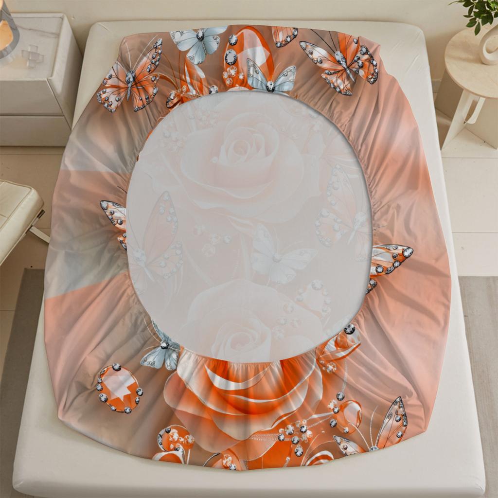 Rose And Butterfly Printed Fitted Sheet Set Peach Color Floral Design With Pillowcases For Bedroom Decor