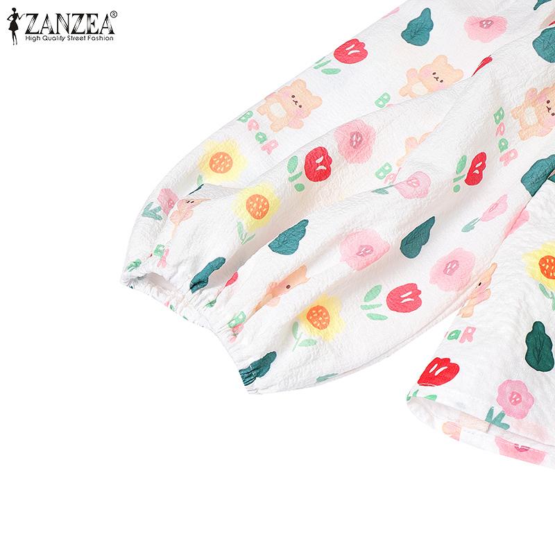 ZANZEA Women Casual Navy Collar Loose 3/4 Sleeve Print Blouse