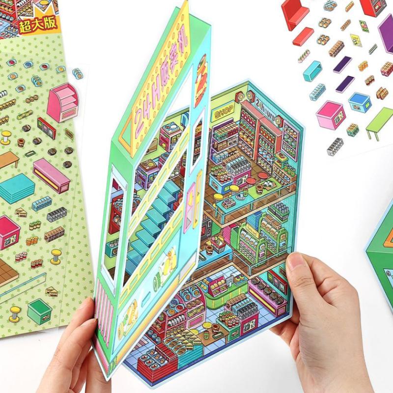Plus Size Retro Esports Room Flip Cover Landscape Sticker Diy 3D Dopamine Color Cabin Miniature Scene Sticker Gift For Kid Child