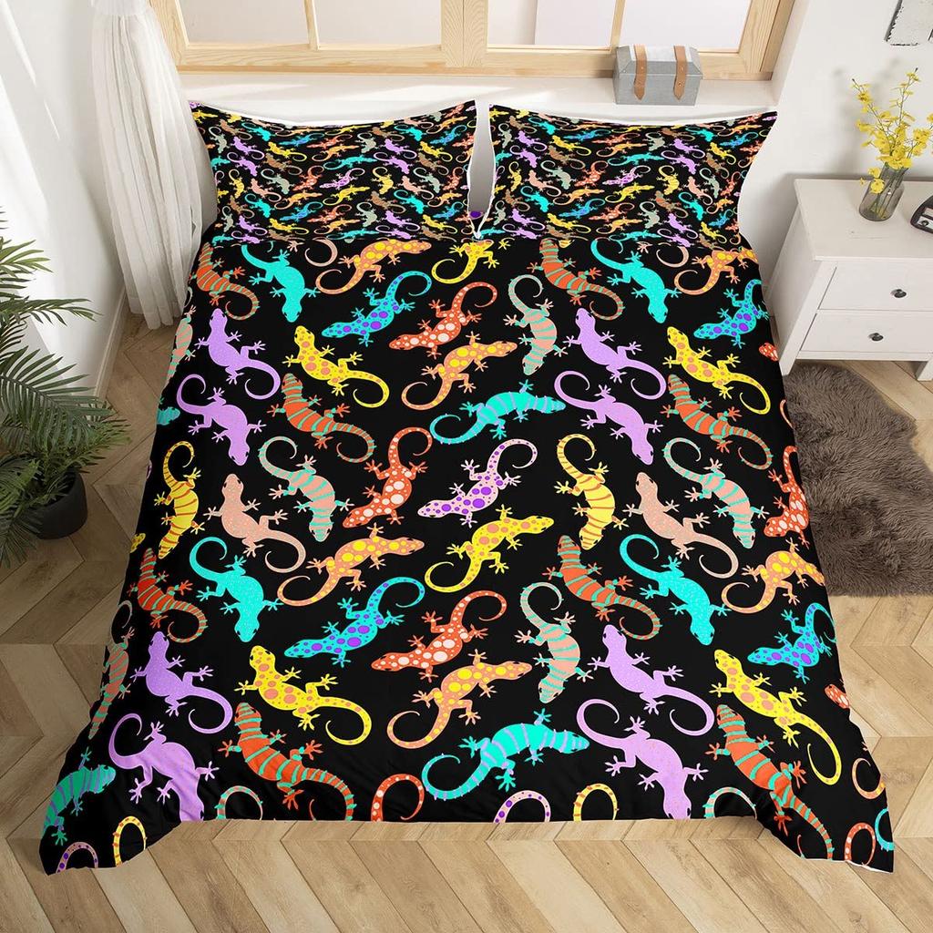 Eidechse Reptilien Bettbezug Geschenk für Jungen Mädchen Lustiges Gecko Bettwäscheset Full Queen Mikrofaser Niedliches Tiermotiv Bettdeckenbezug