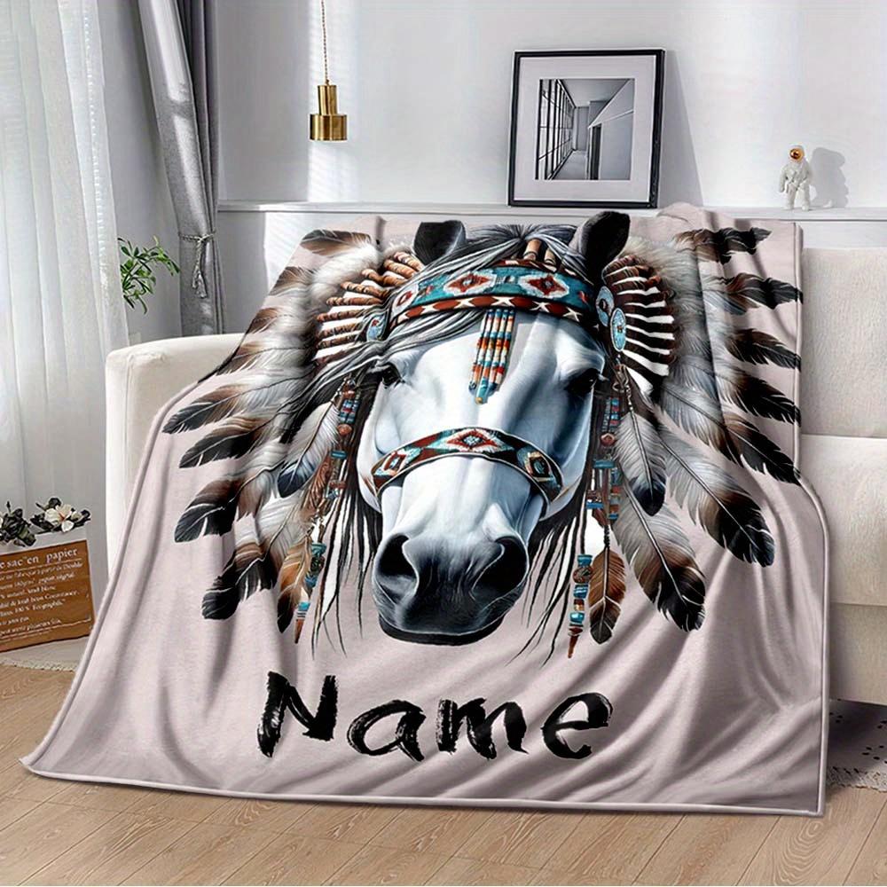 240Gm2 Ethnic Horse Customize Your Name Outdoor Blanket Suitable For All Seasons Comfortable And Warm Soft Blanket Suitable For Travel Gifts For