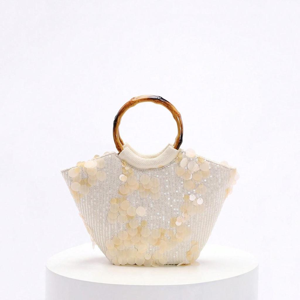 New Chinese Style Bamboo Knot Handbag for Women, New Mesh Embroidery Sequin Decal Holiday Style Tote Bag