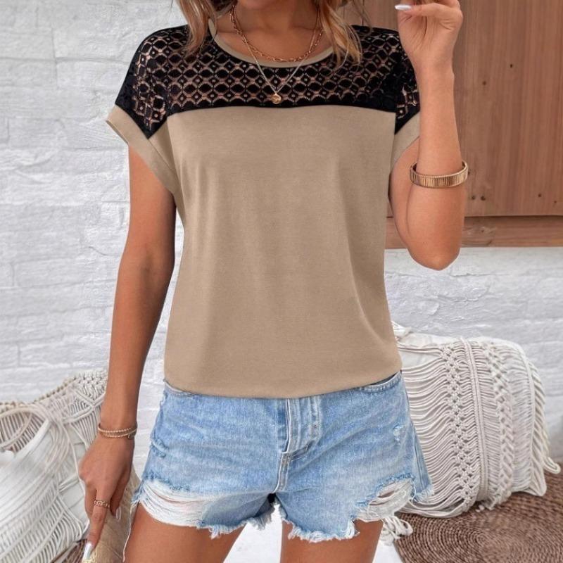 Spring Summer Women's Lace Round Neck Loose Shoulder Short Sleeved Women's T-shirt