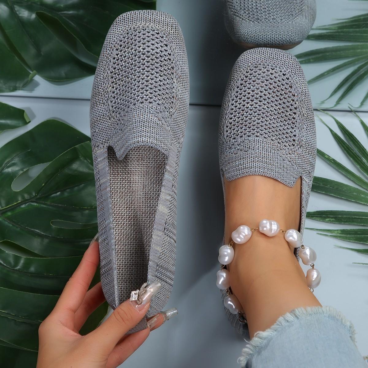 

Женские туфли на плоской подошве, новые повседневные туфли на квадратном каблуке с открытым носком, летние кроссовки, мокасины, женские трикотажные туфли на плоской подошве для женщин 39 темно серый