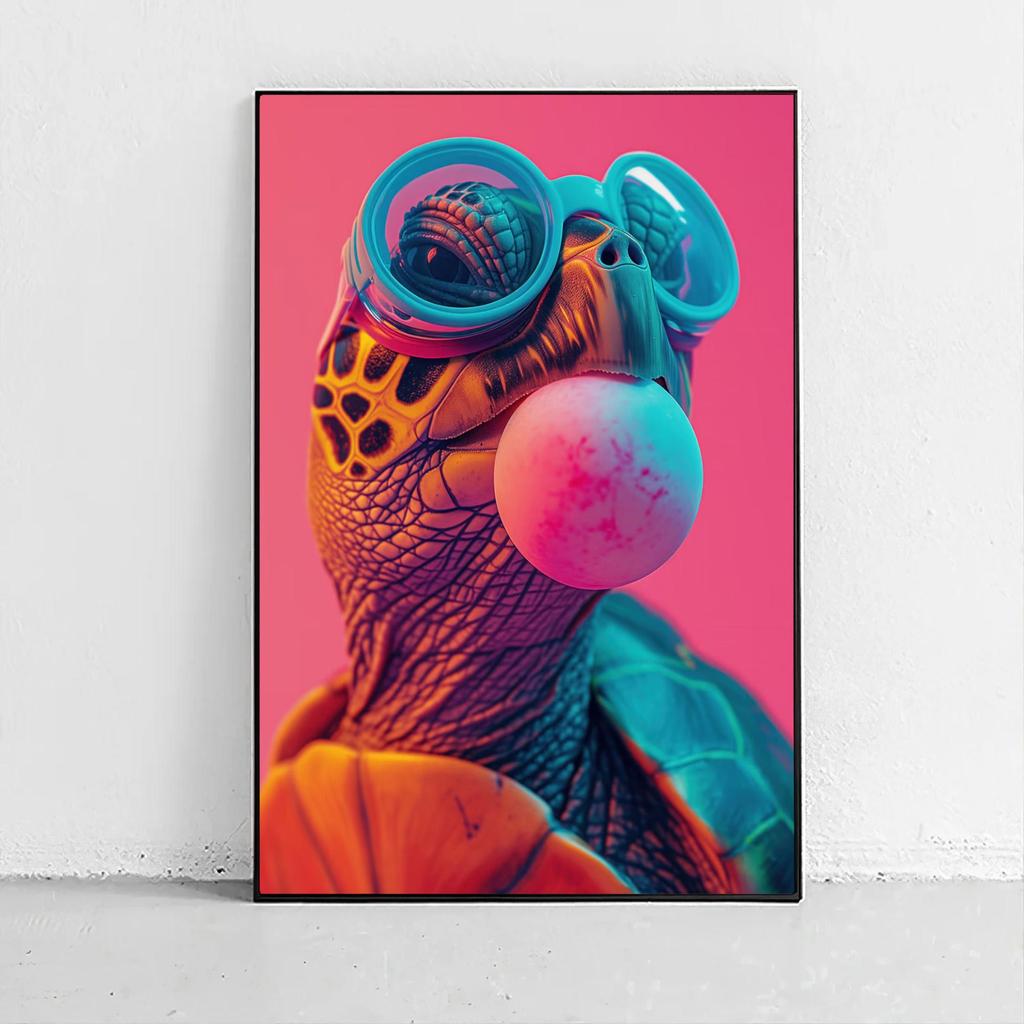 Barevná sada zvířecího nástěnného umění, Pop Art tisky, Vtipné plakáty želvy, mývala a prasete, Bubble Gum Art, Odvážná moderní triptychová dekorace