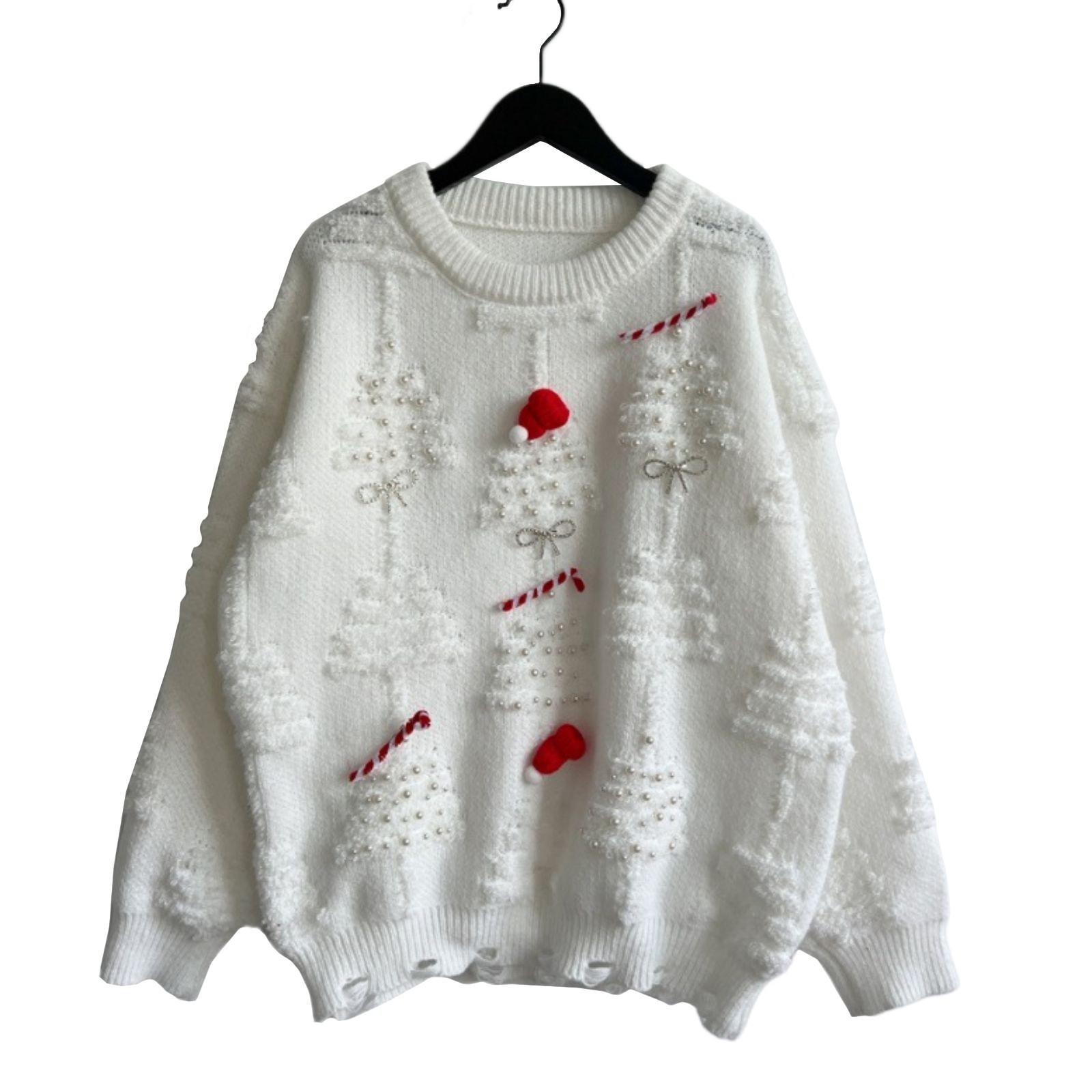 

Женская мода осень и зима рождественский свободный круглый вырез пуловер вязаный свитер L белый