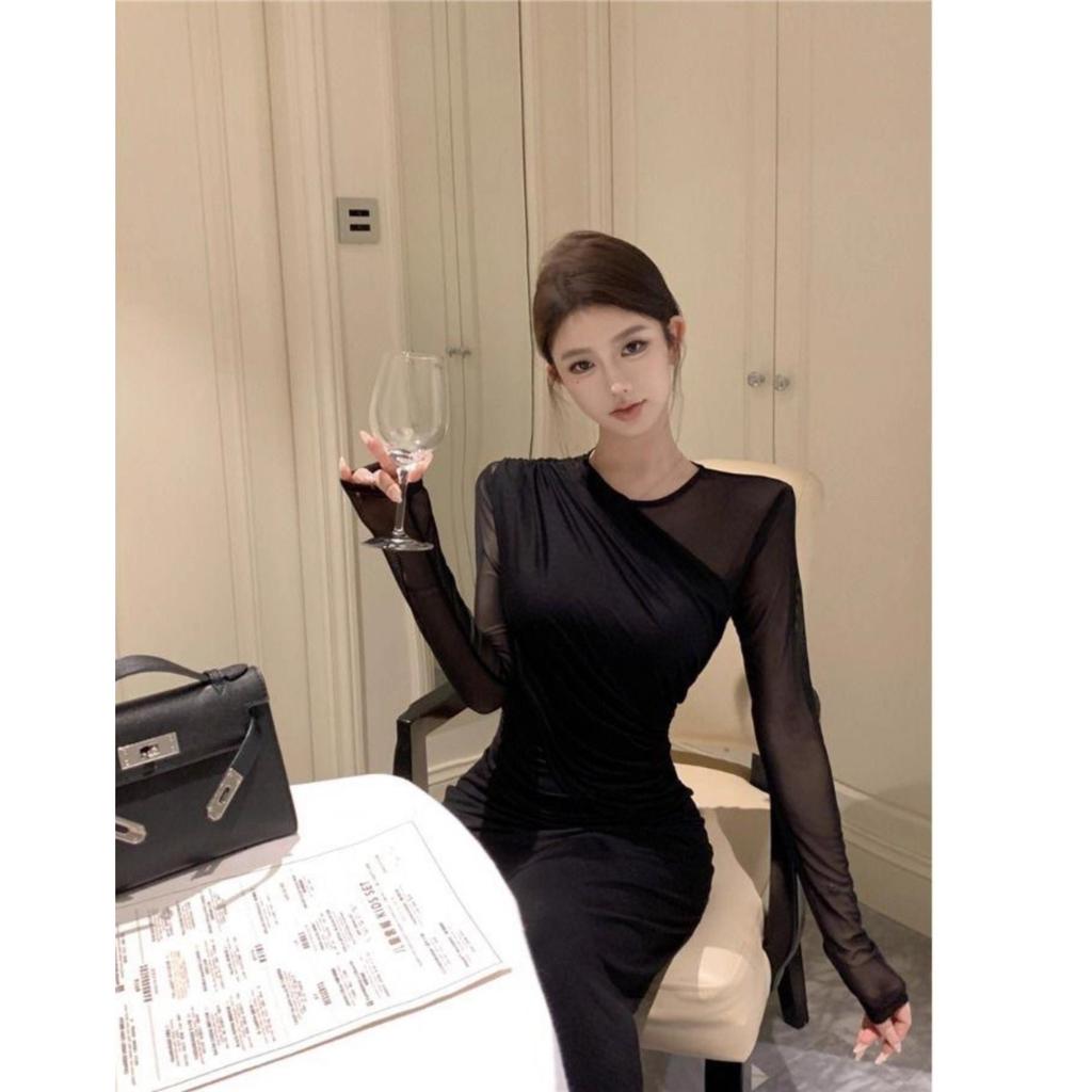 Retro Sexy Royal Sister Black Temperament Mesh Knitted Dress Women's Autumn Waist and Thin Long-sleeved Hip-wrapped Dress