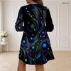 Women Plus Size V Neck Long Sleeve Printed Dress Loose Fit Curved Hem Black Blue Purple Green