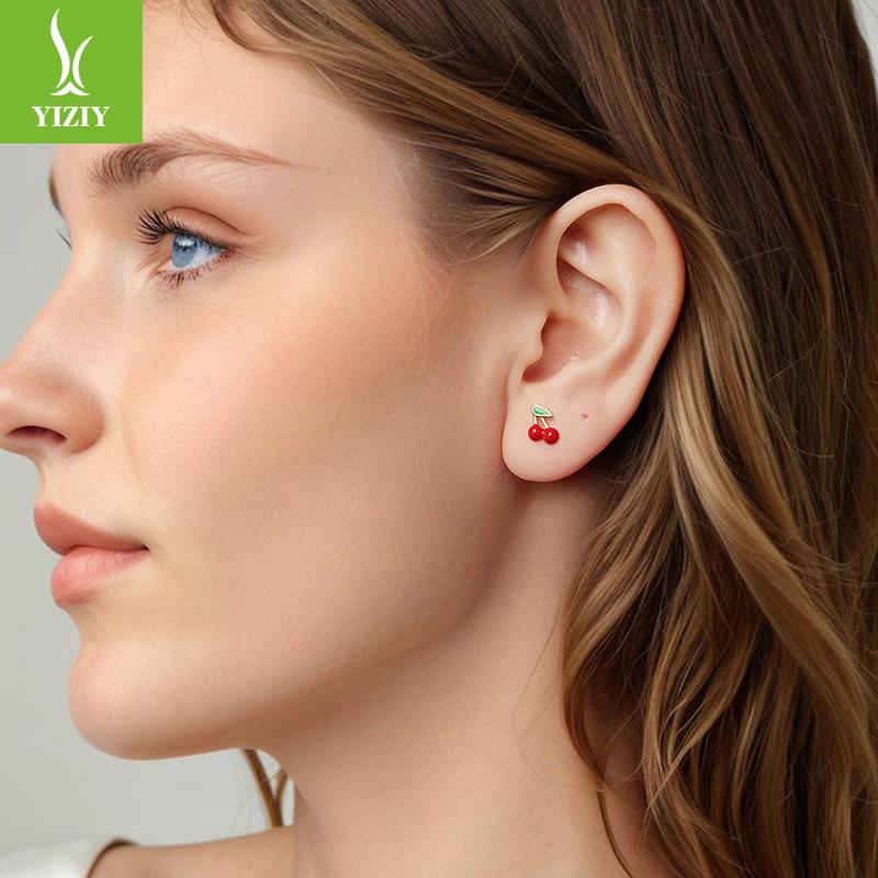 Red Cherry Stud Earrings Female Sweet Girl Heart S925 Sterling Silver Stud Earrings