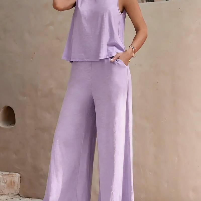 New Women's Sleeveless Vest And Trousers Two Piece Set Fashion Solid Color Two Piece Round Neck Top Pants Suit Casual Set